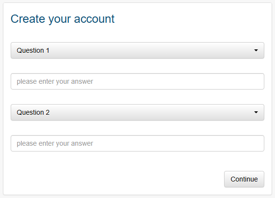 The image shows the 'create your account' page on the Home-Options website. There are two dropdown buttons - Question 1 and Question 2 - which show lists of questions, with spaces for your answers.